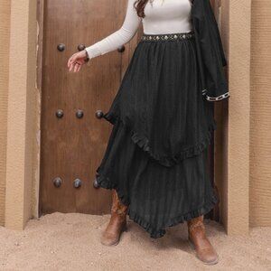 0XL Bohemian Western Country Tiered Elastic Waist Womens Plus Size Skirt Black